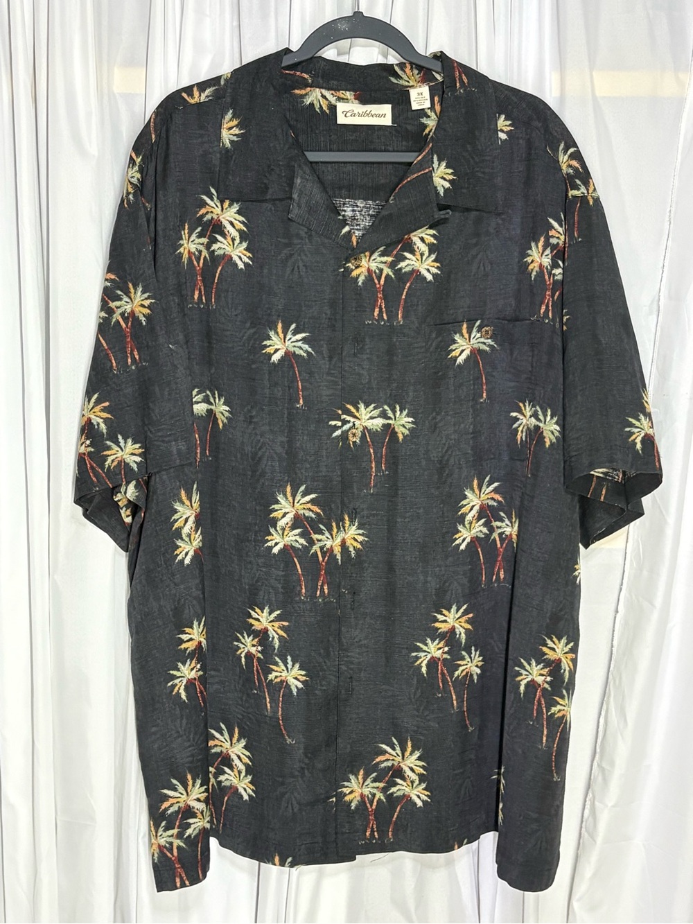 Caribbean Hawaiian Black Shirt Mens Sz 3XL Palm Tree 55% Silk Beach